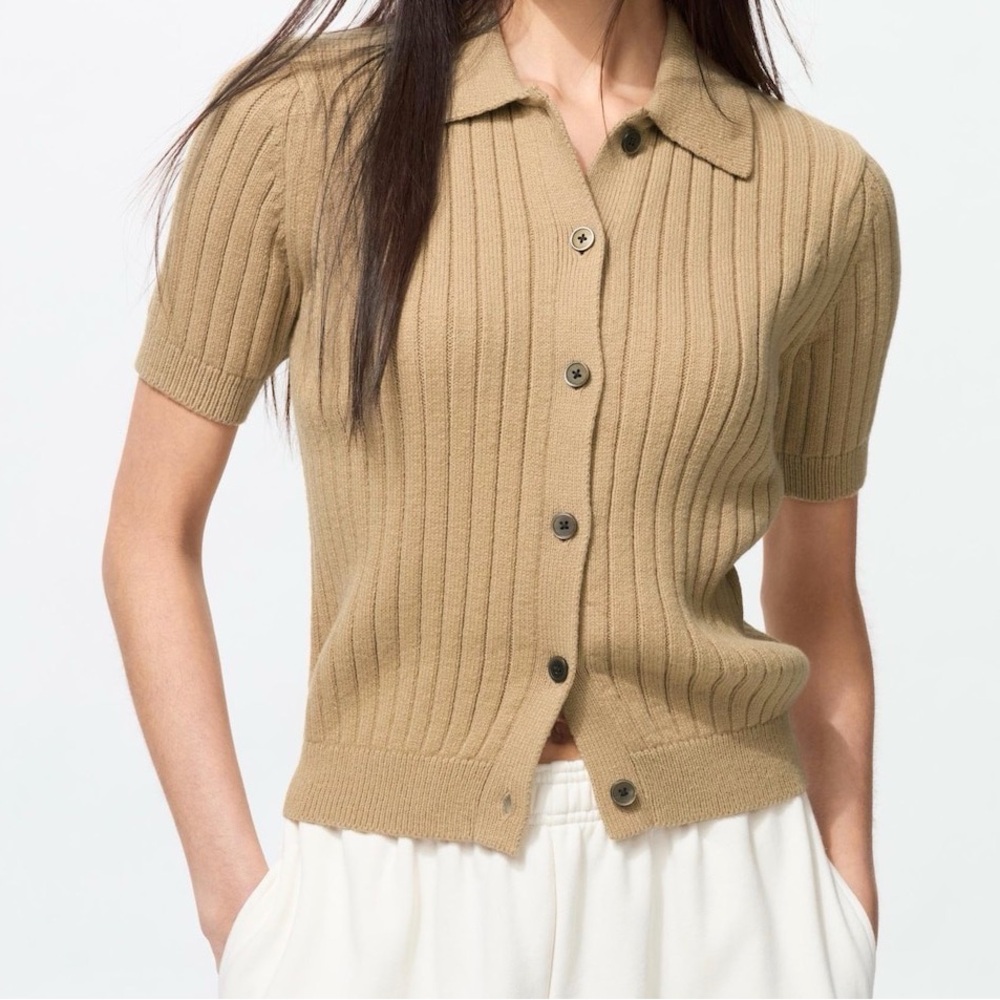 UNIQLO Ribbed Short Sleeve Cardigan - Beige